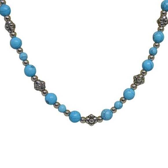 Turquoise Blue Silver Beaded Princess Length Necklace Lobster Claw with Extender - Picture 1 of 7